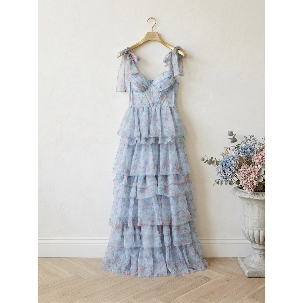 Light Blue Floral Tiered Tulle Maxi Dress Corset Tie Strap, Size SMALL